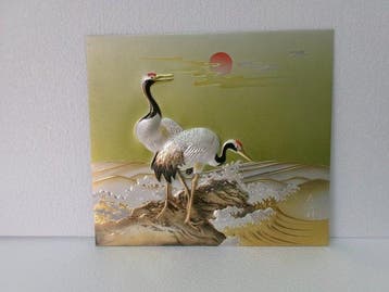 Metaalgraveerproduct. Twee kraanvogels. Haruyamas werk. -, Antiek en Kunst