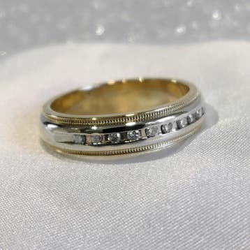 Novell bicolor gouden rijring met diamant 0,10 ct., Gebruikt, 20 of groter, Ophalen of Verzenden, Dame of Heer