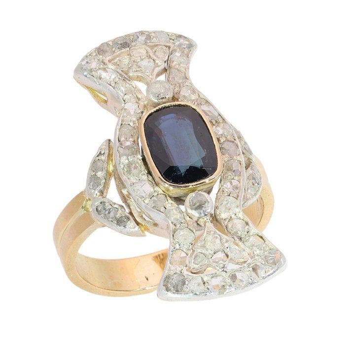 Ring - 18 karaat Geel goud, Zilver - Diamant - Saffier,, Sieraden, Tassen en Uiterlijk, Ringen