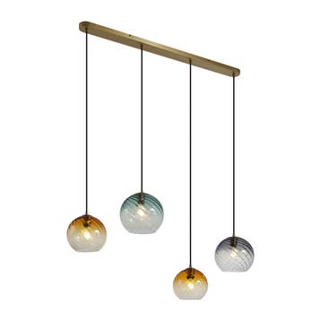Hanglamp brons met smoke amber en groen glas langwerpig, Verzenden, Nieuw, Art Deco