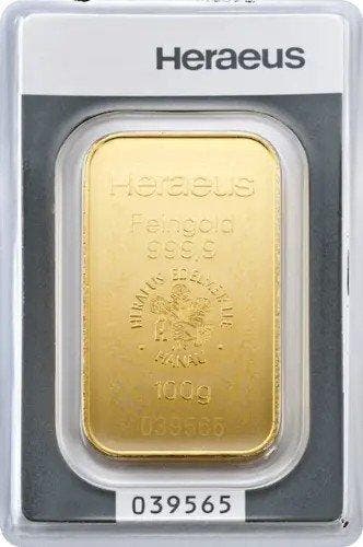 100 gram - Goud .999 - Heraeus - Verzegeld en met
