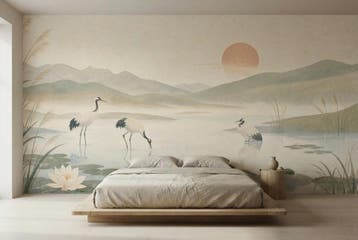 Natuur fotobehang – waterlandschap met vogels, Verzenden, Fotobehang