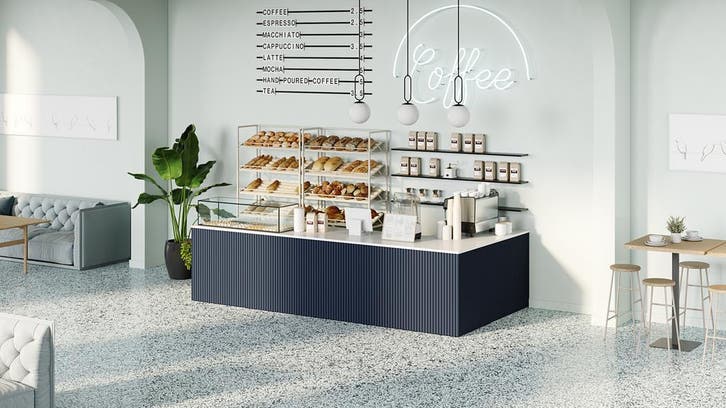Hoektoonbank TONNY 6 | 300x80cm | Blauw 3D design, Zakelijke goederen, Kantoor en Winkelinrichting | Winkel en Inventaris, Verzenden