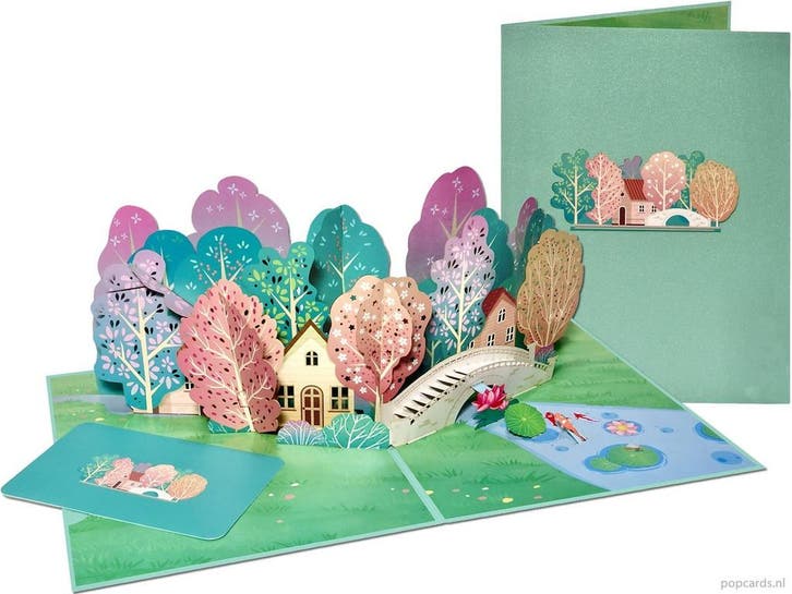 Romantisch landschap met huizen, bomen en rivier pop-up k..., Diversen, Wenskaarten, Verzenden