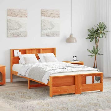 vidaXL Bedframe met plank Wasbruin 135 x 190 cm Massief, Bruin, Verzenden, Nieuw, Twijfelaar