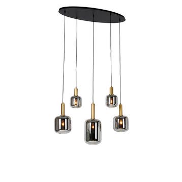 Hanglamp zwart met goud en smoke glas ovaal 5-lichts -, Verzenden, Nieuw, Glas, Modern
