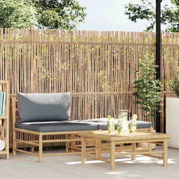 vidaXL 3-delige Loungeset met donkergrijze kussens bamboe, Verzenden, Nieuw, Hout, Loungeset
