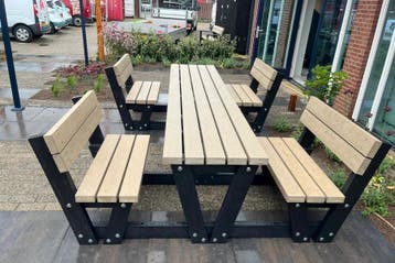 Rockwood® Rolstoelpicknicktafel Eik - Zwaar Kunststof - Sand, Ophalen of Verzenden, Nieuw, Rechthoekig, Hout