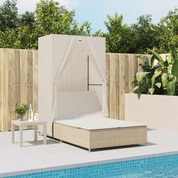 vidaXL Ligbed tweepersoons met dak en gordijn poly rattan, Tuin en Terras, Verzenden, Nieuw