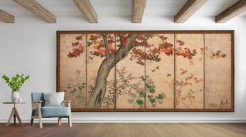 Vouwscherm met herfstboom - Zijde, Papier, Gelakt hout,