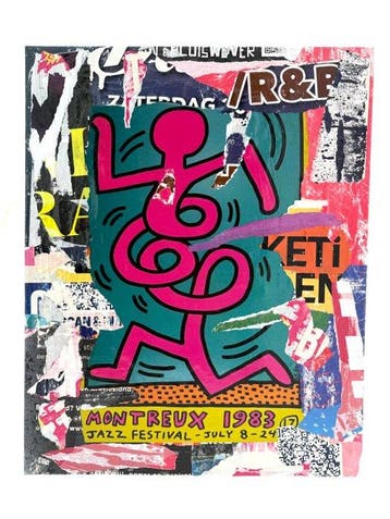 Koen Betjes (1992) - Keith Haring - Vintage Poster Collage, Antiek en Kunst