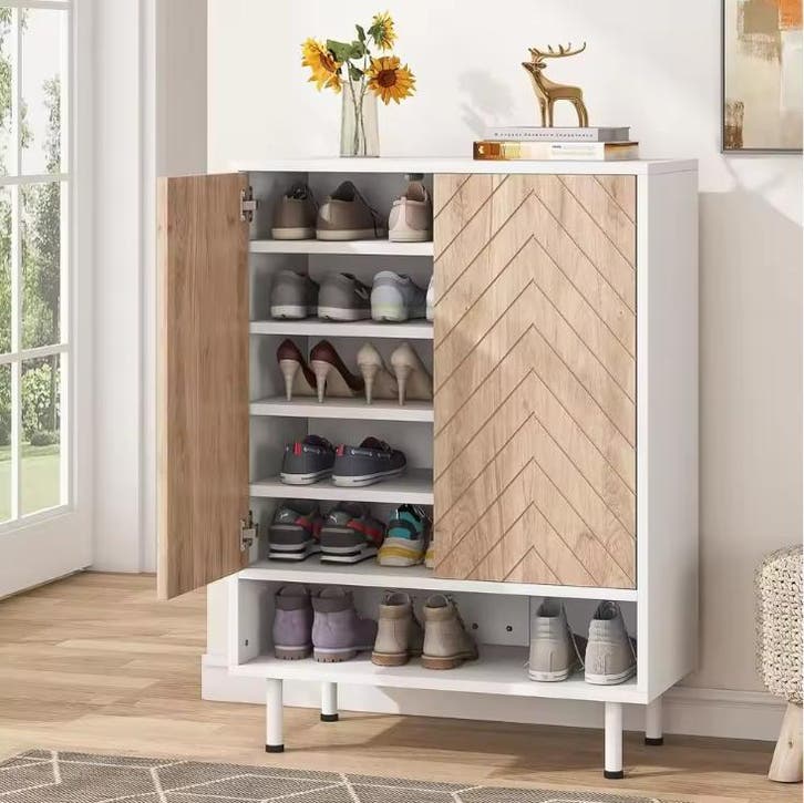 Moderne schoenenkast wit bruin met visgraat deuren, Huis en Inrichting, Kasten | Schoenenkasten, Nieuw, Verzenden