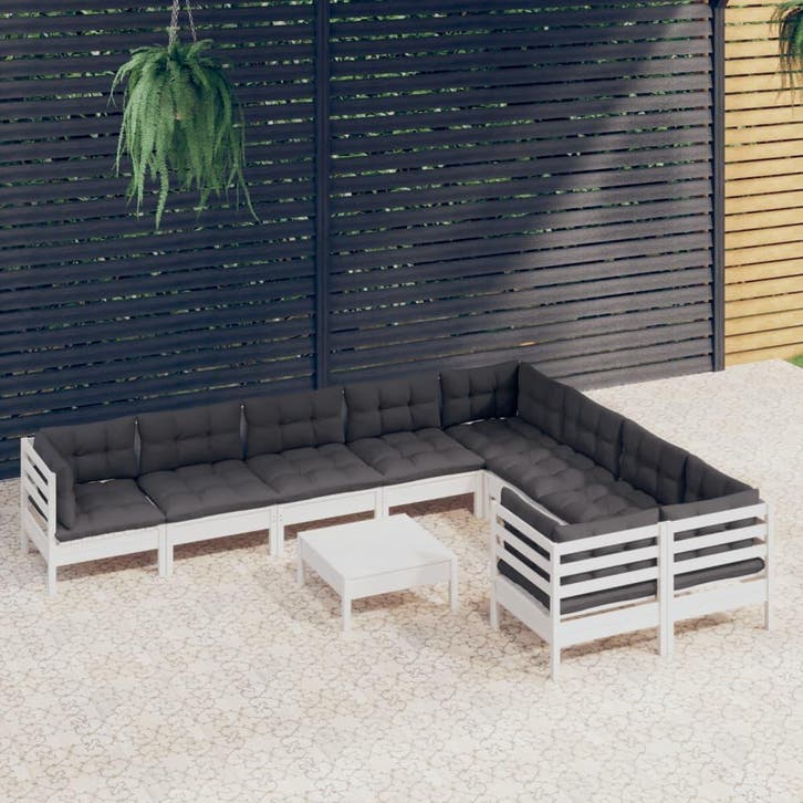 vidaXL 10-delige Loungeset met kussens grenenhout wit, Tuin en Terras, Tuinsets en Loungesets, Loungeset, Nieuw, 6 zitplaatsen