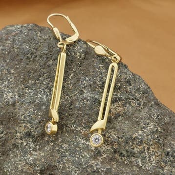 Gouden lange oorbellen met zirconia, Gebruikt, Ophalen of Verzenden, Met edelsteen, Goud