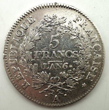 Frankrijk. Directoire (1795-1799). 5 Francs An 6-A Union et