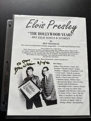 Elvis Presley gerelateerde handtekening Ben Weisman, Nieuw, Boek, Tijdschrift of Artikel, Gesigneerd