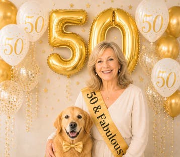 50 & Fabulous set vrouw met sjerp, ballonnen en strik, Ophalen of Verzenden, Nieuw, Versiering, Abraham of Sarah