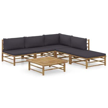 vidaXL 6-delige Loungeset met donkergrijze kussens bamboe, Verzenden, Nieuw, Hout, Loungeset