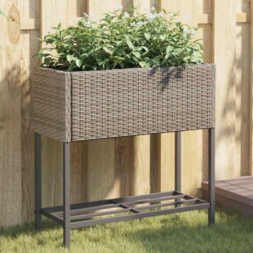 vidaXL Plantenbak met schap poly rattan grijs, Verzenden, Nieuw, Minder dan 60 cm, 60 cm of meer