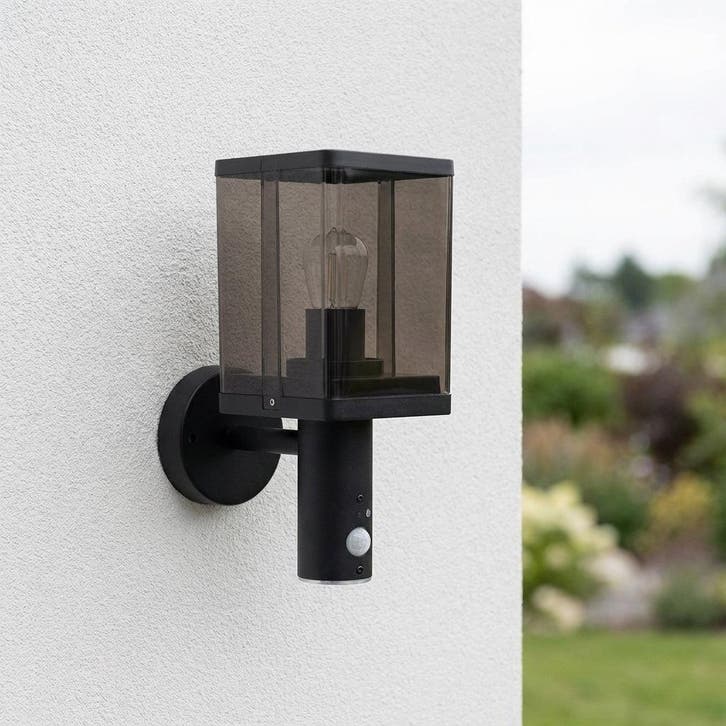 LED Wand Lantaarn vierkant E27 | Smoked glas | met sensor, Huis en Inrichting, Lampen | Wandlampen, Nieuw, Ophalen of Verzenden