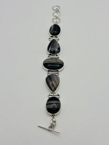 Verzilverd Armband van Grade A Zwarte Onyx met band -