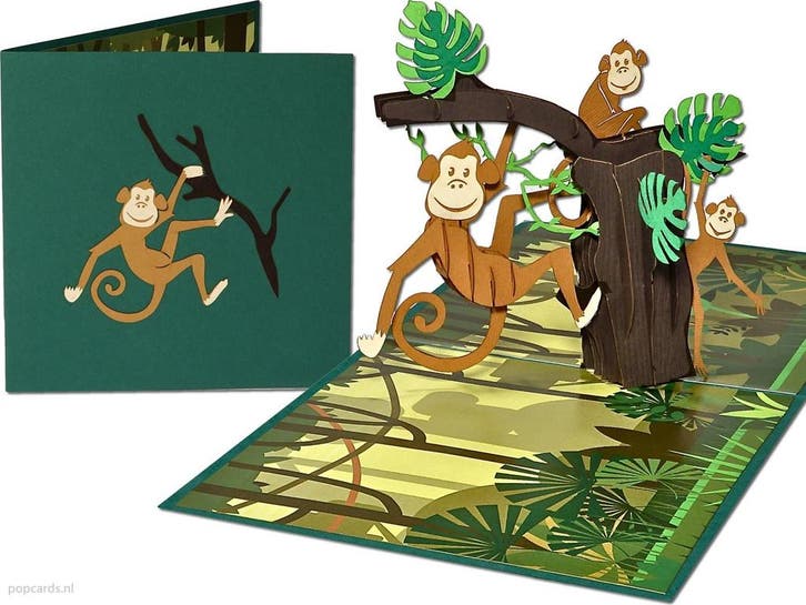 Vrolijke aapjes in een boom pop-up kaart, Diversen, Wenskaarten, Verzenden
