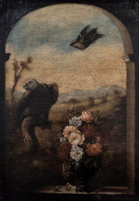 Escuela Barroca Holandesa (XVIII-XIX) - Vanitas con Ave, Antiek en Kunst, Kunst | Schilderijen | Klassiek