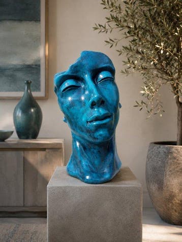 Beeld, hoofd cobalt blauw met donkere afwerking - 50 cm -