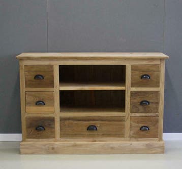 Teak houten tv meubel 7 laden, 120cm breed; Indoteak, Huis en Inrichting, Kasten | Televisiemeubels, 100 tot 150 cm, Teakhout