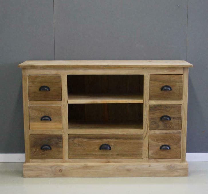 Teak houten tv meubel 7 laden, 120cm breed; Indoteak, Huis en Inrichting, Kasten | Televisiemeubels, 25 tot 50 cm, Nieuw, Teakhout