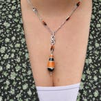 Witgouden ketting met vaste hanger met onyx, bloedkoraal..., Gebruikt, Overige kleuren, Ophalen of Verzenden, Met edelsteen