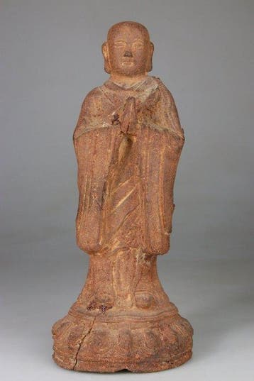 Antiek Boeddha-beeldje, bronzen beeldhouwwerk van een monnik
