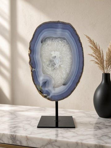 Very rare natural agate with crystal portal geode on stand