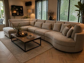 Hoekbanken maatwerk NIEUW! met druppel-rond. rechte ottomaan, 100 tot 125 cm, Hoekbank, Nieuw, Ophalen of Verzenden