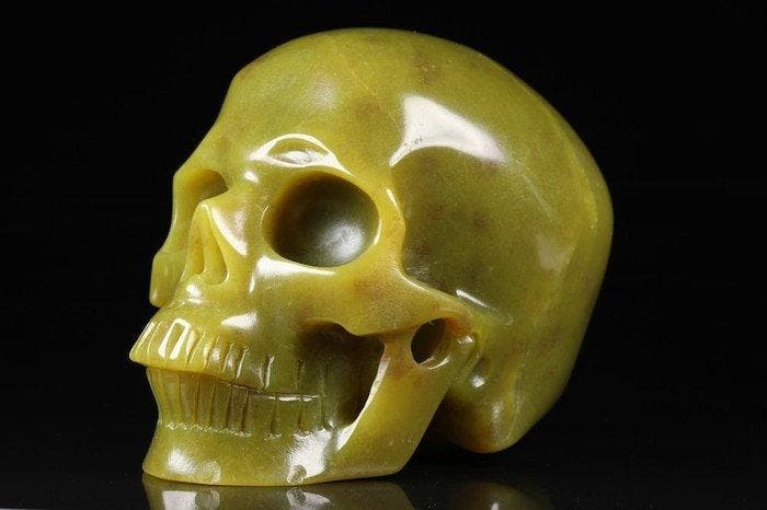 Citroen serpentine schedel Gesneden schedel - Serpentine, Antiek en Kunst, Curiosa en Brocante