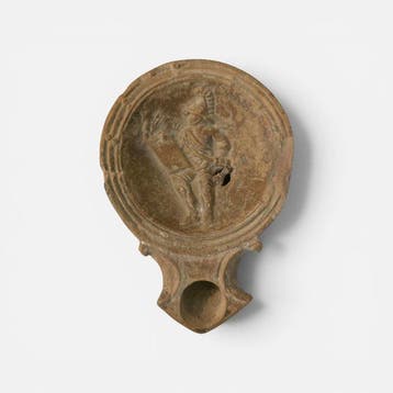 Oud-Romeins Terracotta-olielamp met Gladiator 9,60 cm.