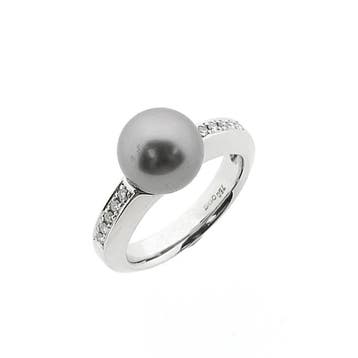 Witgouden ring met Tahiti parel en diamanten; 0,10 ct., Gebruikt, Ophalen of Verzenden, 17 tot 18, Met edelsteen