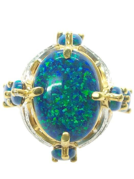Zonder minimumprijs - Ring - 9 kt. Zilver, Geel goud Opaal -, Sieraden, Tassen en Uiterlijk, Ringen