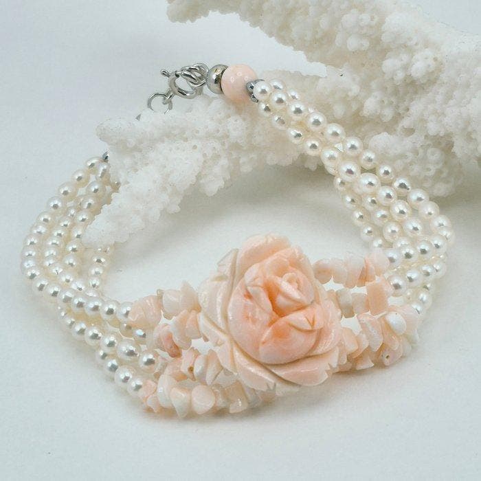 Koraal - Zilver - Armband - Roze koraal en parels, Verzamelen, Mineralen en Fossielen