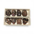 Set van acht Japanse keramische maskers – Okina, Hyottoko,