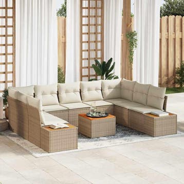 vidaXL Tuinbankenset 10 st Beige Poly riet, Verzenden, Nieuw, Meer dan 8 zitplaatsen