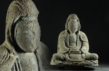 Antique Amitabha Buddha Stone Sculpture - sculptuur Steen -