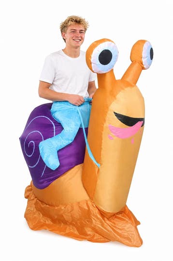 KIMU® Opblaas Kostuum Zittend Op Slak Opblaasbaar Pak Slakke, Carnaval, Nieuw, Overige maten, Ophalen of Verzenden
