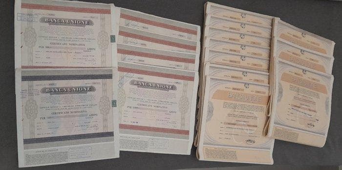 Italië. 124 Certificati Storici Banca Unione (6x100 Az. /, Antiek en Kunst, Antiek | Speelgoed