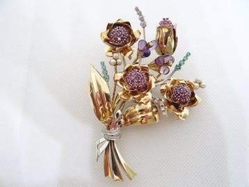 Broche - 9 kt. Geel goud, Witgoud, parel Robijn