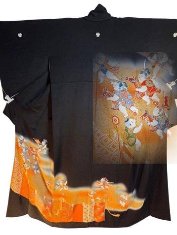 Japanse vintage zwarte zijde tomesode kimono met goud