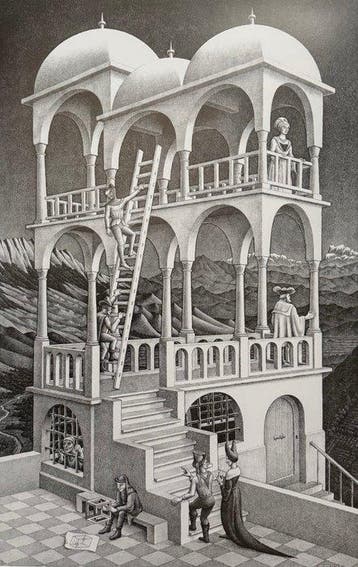 M.C. Escher - “Belvedere, 1958”. Gedateerd en gesigneerd in
