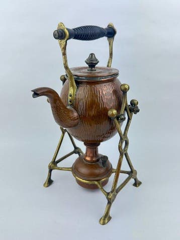 Art Nouveau copper brass teapot kettle with stand, circa