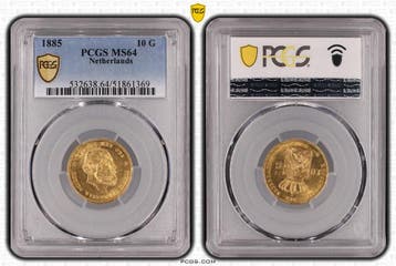 Gouden Willem III 10 gulden 1885 MS64 PCGS gecertificeerd, Koning Willem III, Verzenden, Goud, Losse munt