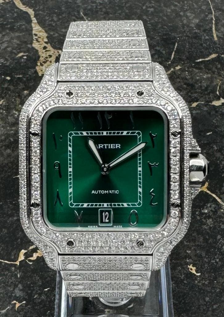 Cartier Santos - Green Dial - Arab - Iced Out - Diamonds, Sieraden, Tassen en Uiterlijk, Horloges | Heren, Staal, Nieuw, Staal